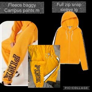 VS PINK FLEECE BAGGY CAMPUS PANT FULL ZIP SNAP SLEEVE HOODIE M LG